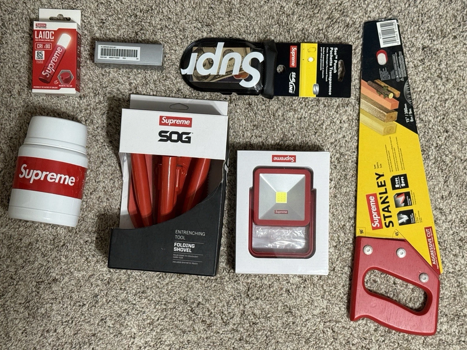 Supreme Pelle Béquille Thermos Pochette Flash Dés Scie Accessoires LOT NEUF