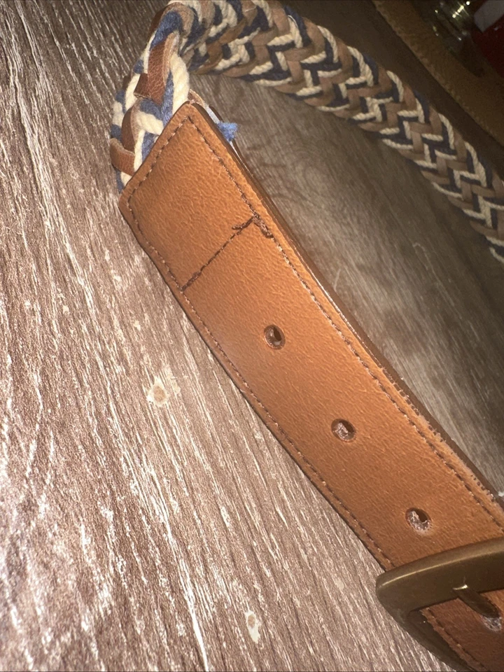 Cinturón Chaps Hombre Talla 36 Cuero Trenzado Y Cordón Azul Marino Marrón Beige Costero Náutico Foto 3 de 4