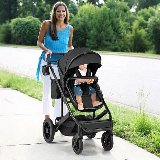 3-in-1 Folding Convertible Newborn Stroller with Detachable Bassinet-Black - Col - Image 2 of 4