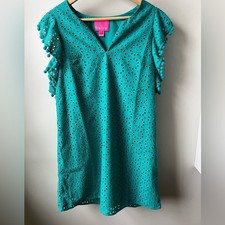 LILLY PULITZER Astara Eyelet Dress Green Embroidered Pom Pons Flutter Coquette S