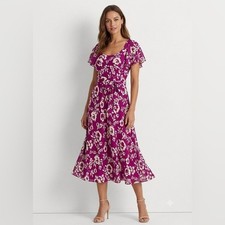 NWT Lauren Ralph Lauren Hawaii Floral Midi Tiered Belted Dress Sz 2 Ruffle Sleer