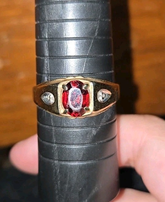 10K Yellow Gold Men's Garnet and Diamond Gypsy Ring Size 14
