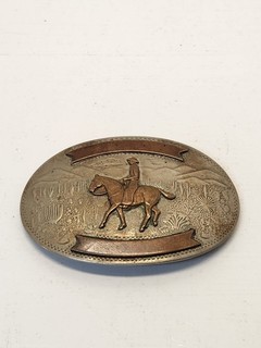 Vintage Comstock Silversmiths German Silver Belt Buckle Man Horse Western