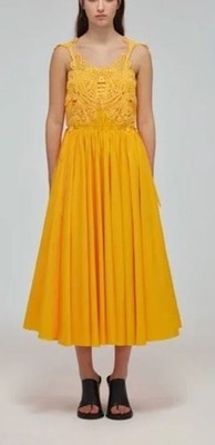 Self Portrait NWT Size 8 Canary Yellow Macrame Lace Midi Dress 100% Cotton Lined