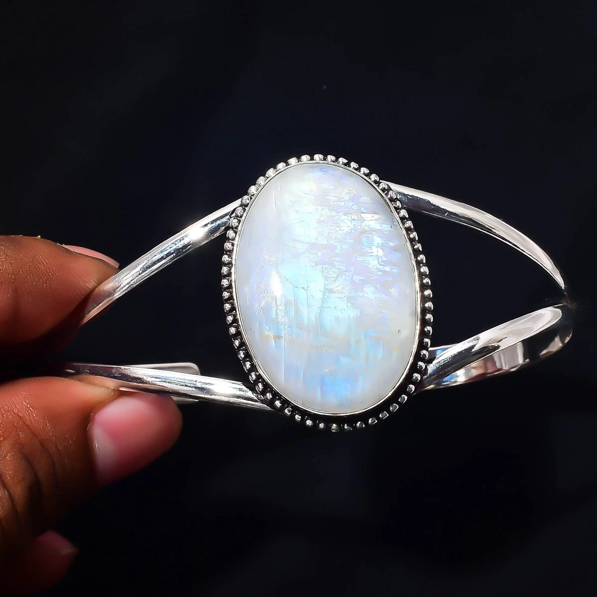 Rainbow Moonstone Gemstone 925 Sterling Silver Handmade Bangle Jewelry Gift For