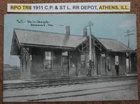 RPO TR8 1911 C.P. & ST L. RR DEPOT, ATHENS, ILLINOIS. POSTCARD LITHO CU WILLIAMS