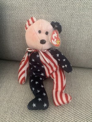 RETIRED TY BEANIE BABY SPANGLE THE USA AMERICAN FLAG TEDDY BEAR 8'' PINK HEAD