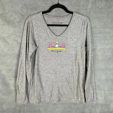 Life Is Good Top Womens Medium Gray Crusher Lite Tee Long Sleeve V Neck Beach
