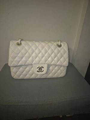 CHANEL Medium Lambskin Double Flap Leather Shoulder Bag Bijoux chain - White