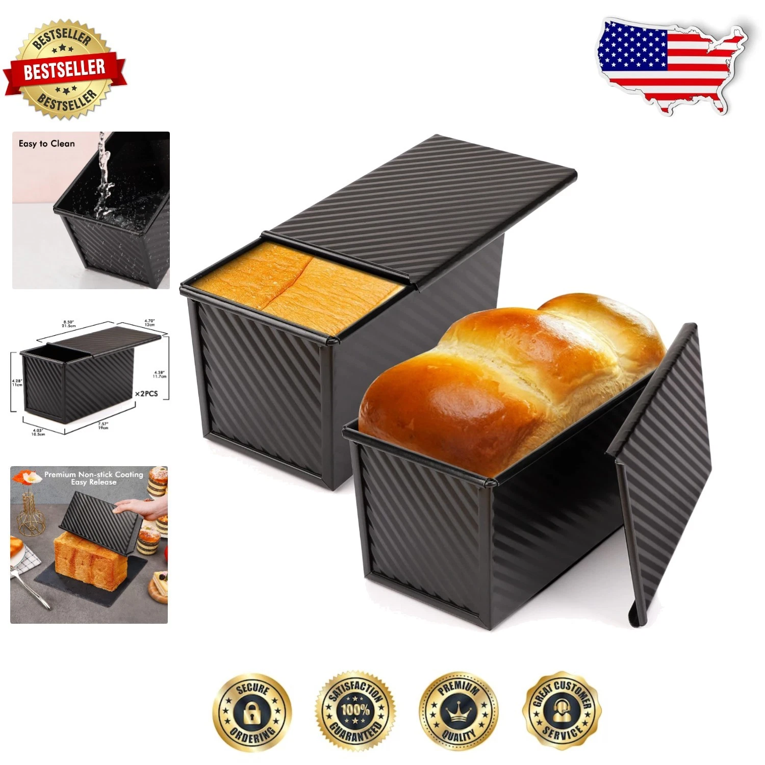Elite 1lb 2pc Pullman Loaf Pan Set w/Lids, Non-Stick Baking, Dishwasher Safe