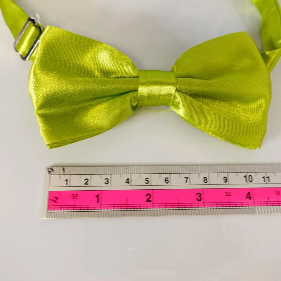 Green Solid Bow Tie Mens Lime Glossy Satin Ribbon Wedding Tuxedo Suit Pre Tied - Image 3 of 4