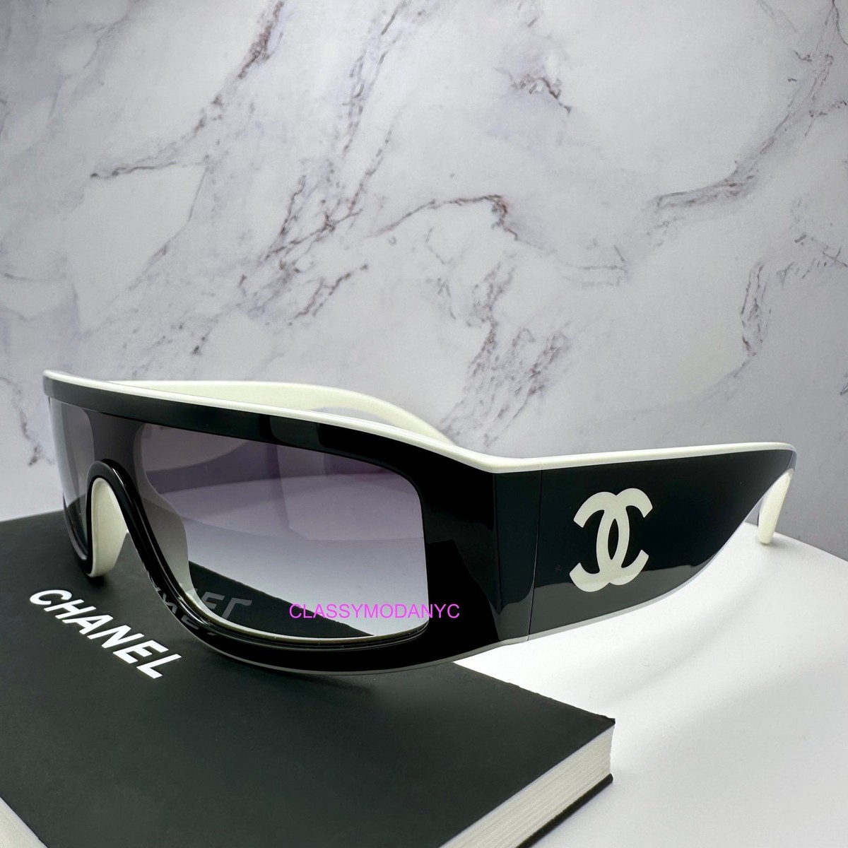 CHANEL Sunglasses NIB Shield Wrap Black & White Gradient Lens