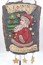 Santa and Tree Wall Hanging Merry Christmas Resin 9" x 13" Plus 3 Hanging Stars