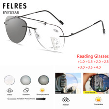 Men Rimless Photochromic Progressive Multifocus Reading Glasses Metal Sunglasses