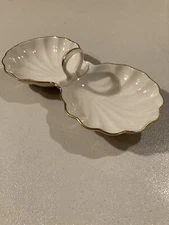 Lenox CANDY NUT DISH Open Clam Shell Double with Handle, Vintage 24k Gold Trim