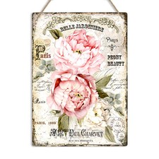 Shabby Chic Peony Flowers Vintage French Metal Sign Wall Plaque Home Art Decor