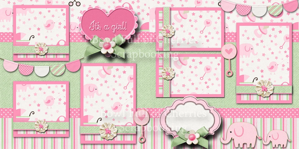 ES UNA NIÑA BEBÉ IMPRESO 2 páginas álbum de recortes prefabricadas papel 12X12 IMPRESIÓN CEREZA 0080 Foto 2 de 4