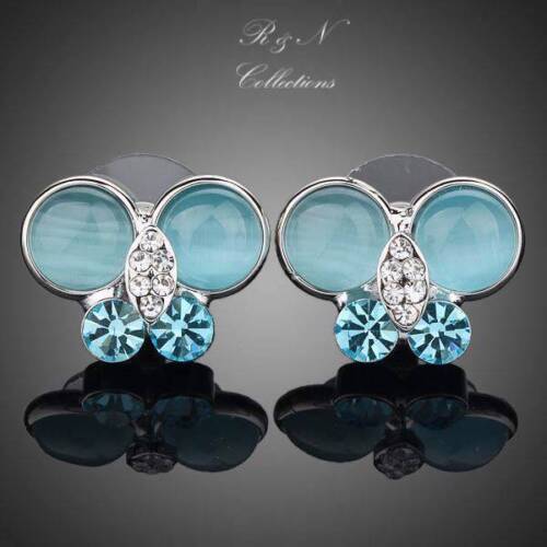 Platinum Plated Made with Swarovski Crystal Blue Butterfly Stud Earring E251 - Picture 1 of 4