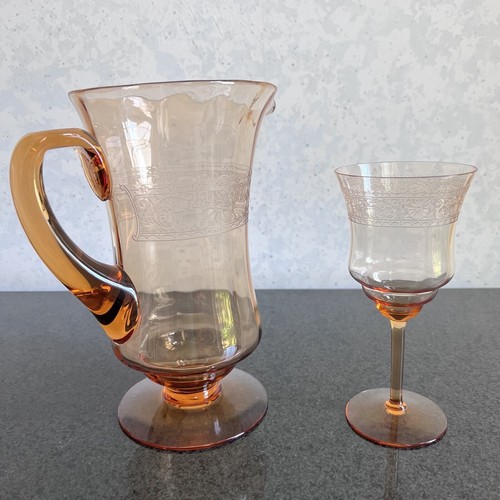 Vintage Fostoria Seville Amber Glass Etched Pitcher / Jug & 6 Water Goblets Set - Picture 3 of 19