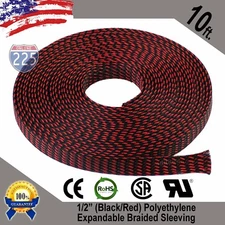10 FT 1/2" Black Red Expandable Wire Sleeving Sheathing Braided Loom Tubing US
