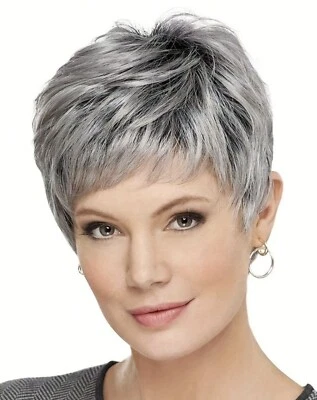 Perruque Synthétique Femme Pixie Grise Courte Wig Avec Frange +4 Bonnet