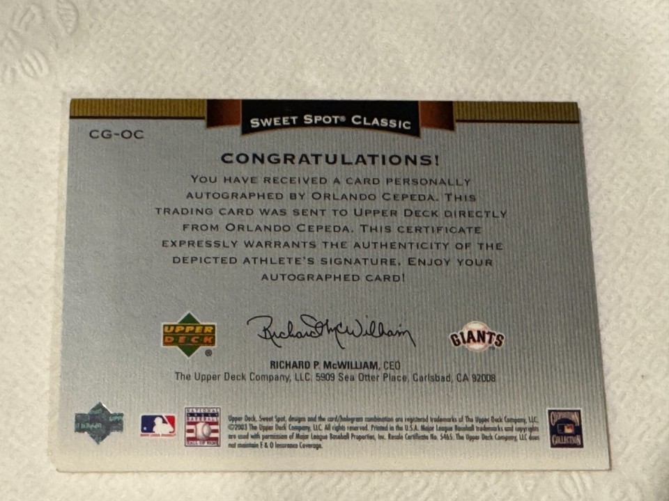 2003 Upper Deck Sweet Spot Classic Orlando Cepeda Classic Greats Auto 