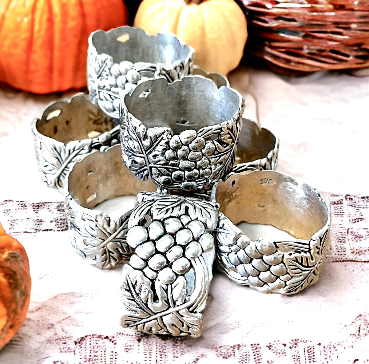 Vintage Pewter GRAPES Napkin Rings Metal Relief GRAPE VINES Set Of