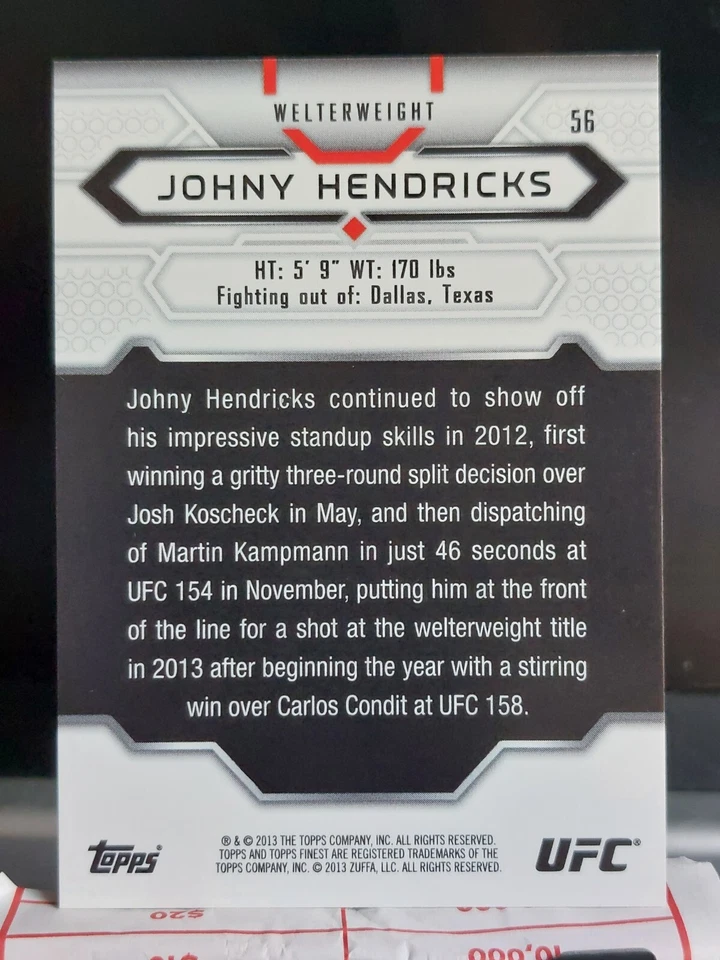Johny Hendricks #56 2013 Topps UFC Finest Blue Refractor #036/188 - Image 2 of 2