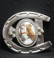 WJ01151 NOS VINTAGE 1970s TWO HORSE HEADS WESTERN ANIMAL FASHION BELT BUCKLE