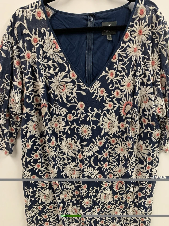 Adrianna Papell Dress Womens 22W Navy Mesh Embroidered Floral Mini Shift V Neck - Image 2 of 4
