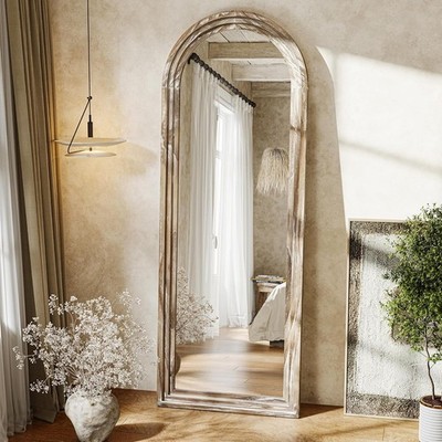 Rustic White Arched Full Body Mirror 63''x21'' - Solid Wood Frame Floor Mirror