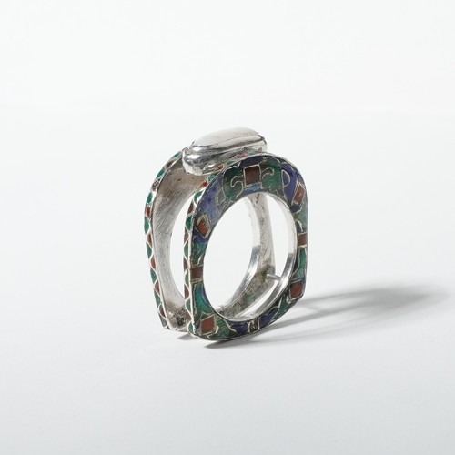 Vintage Cloisonné Enamel Solid Opal Sterling Silver Ring Chunky Size T / 9.5 - Picture 6 of 8