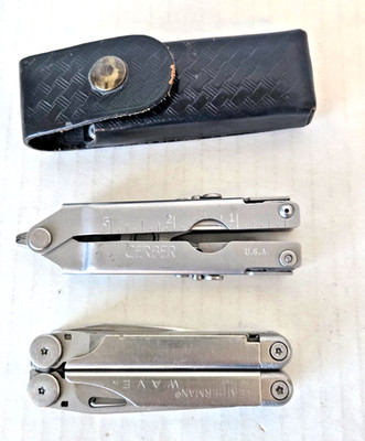 VINTAGE GERBER MULTITOOL WITH LEATHER SHEALTH & LEATHERMAN WAVE USED LOT Q