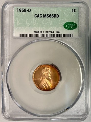 1958-D Lincoln Cent (Wheat Penny), CAC MS-66 RD, Striking Rim Toning!