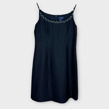 Ann Taylor Black Silk Shift Dress Tiny Floral Embroidery Size 8P Y2K Career Work