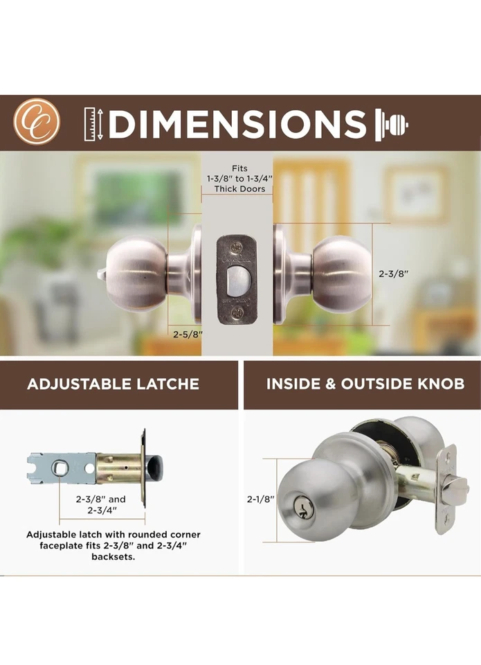 Perilla de puerta de bola Copper Creek BK2040SS-3 función de entrada con llave paquete de 3 en satinado S... Foto 3 de 4