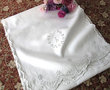 VINT FRENCH WHITE LINEN BOLSTER PILLOWCASE - EYELET EMBROIDERY INITIAL K 82x19"