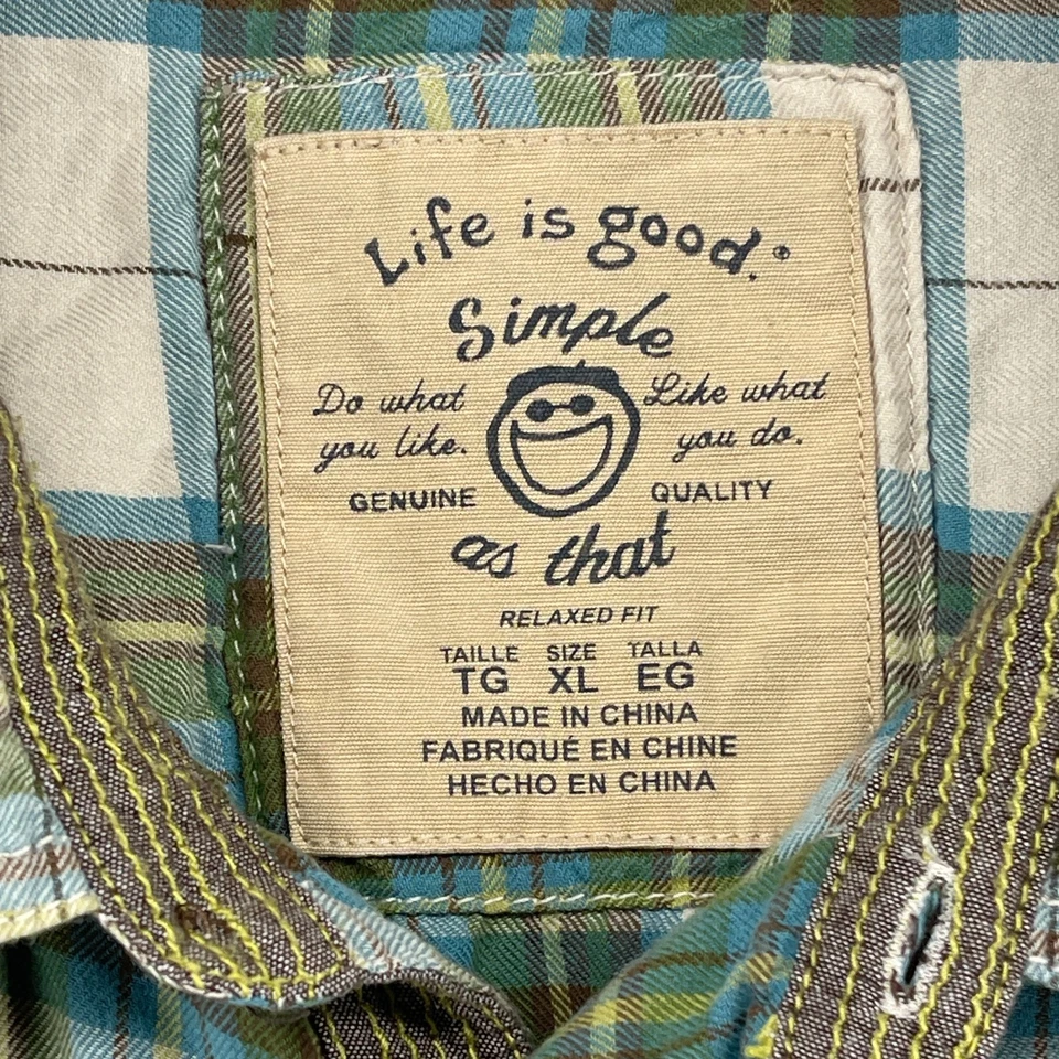 Camisa LIFE IS GOOD Para Hombre XL SIMPLE COMO ESA Franela Cuadros Calce Relajado Algodón Verde Foto 4 de 4