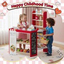 Kids Wooden Pretend Play Grocery Store Playset Supermarket Toy Set W/ Chalkboard