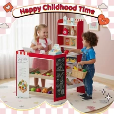 Kids Wooden Pretend Play Grocery Store Playset Supermarket Toy Set W/ Chalkboard