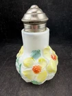 Antique Embossed Painted Floral Milk Glass Syrup Pitcher 6 1/2"