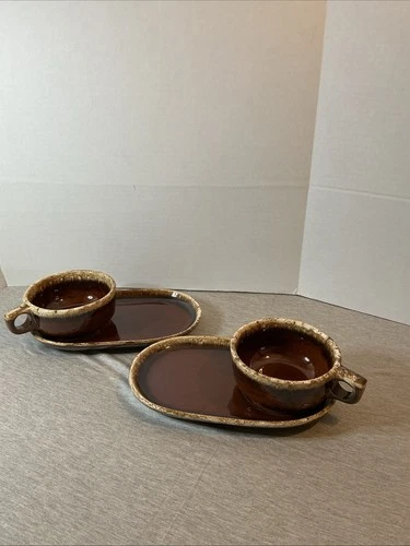 Vtg Hull Pottery Brown Drip Snack Tray And Soup Mug Set Oven Proof Set Of 2 USA