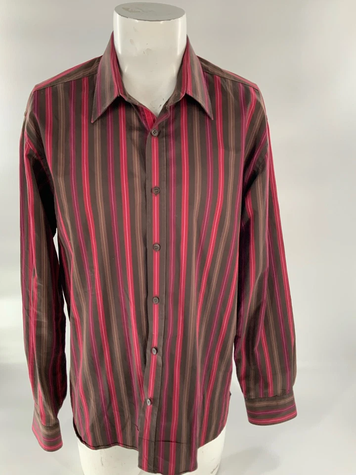 Ted Baker Button Shirt L Men Sz 5 Red Tan Stripe Cotton Md Portugal YGI B2-427 - Image 2 of 4