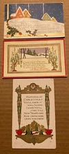 3 ART DECO STYLE CHRISTMAS PCS, HOUSES IN SNOW, IVY, CANDLES ~ used 1915-30