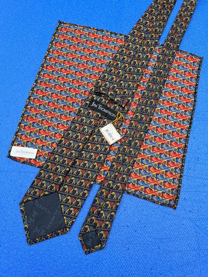 Auténtico pañuelo corbata de seda azul con diseño de elefante a rayas de Jim Thompson Foto 4 de 4