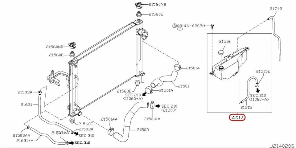 Tanque depósito refrigerante Nissan Infiniti G25 G35 G37 Q40 Q60 370Z 21710-JK000 nuevo Foto 2 de 4