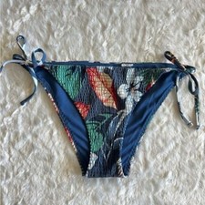 Hollister Shirred Blue Floral Print Side Tie Cheeky Bikini Bottoms Swimsuit - M