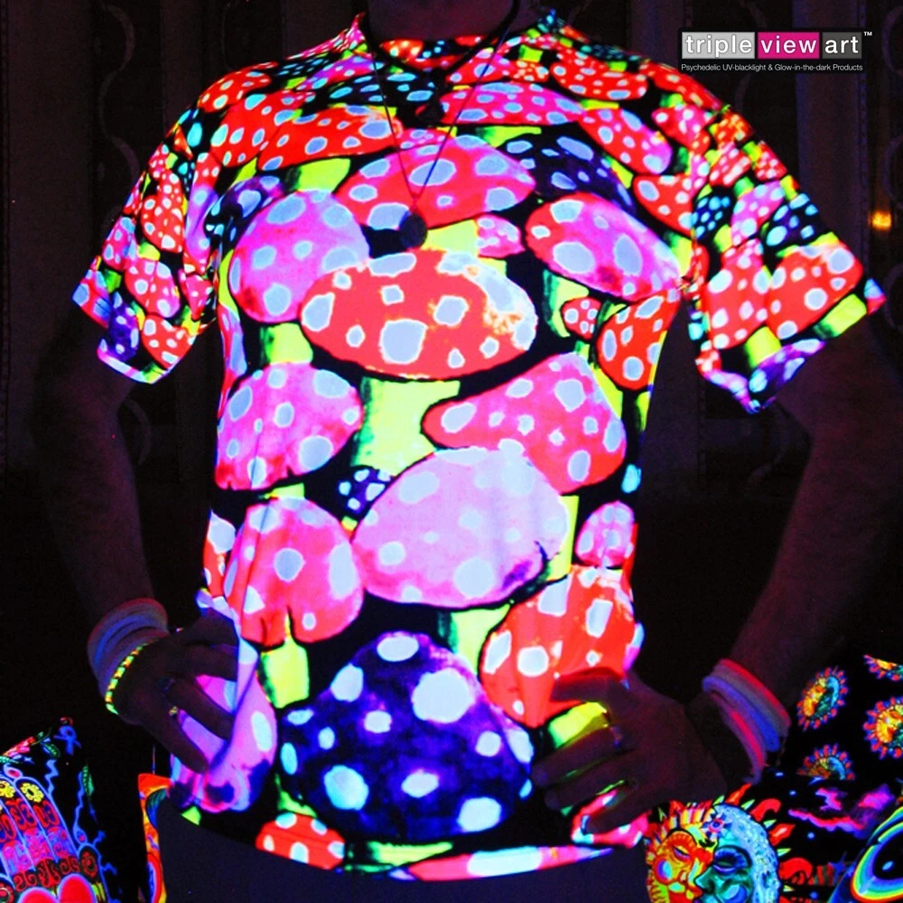 MENS T-SHIRT UV Black Light Fluorescent Glow Psychedelic Art All Over Full Print