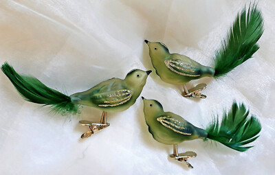   3 x Glasvogel Lauscha Grün mit Gold-Glitzer Glas Vogel Christbaumschmuck #195A
