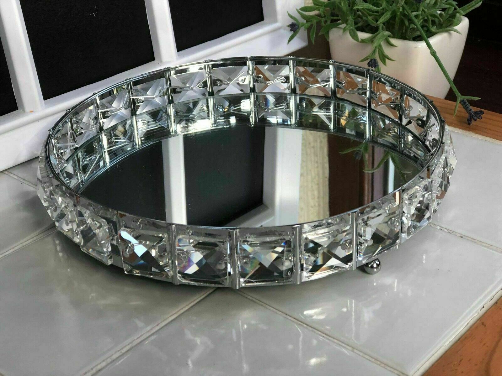 Modern Mirrored Crystal Vanity Makeup Tray Ornate Jewelry Trinket Tray